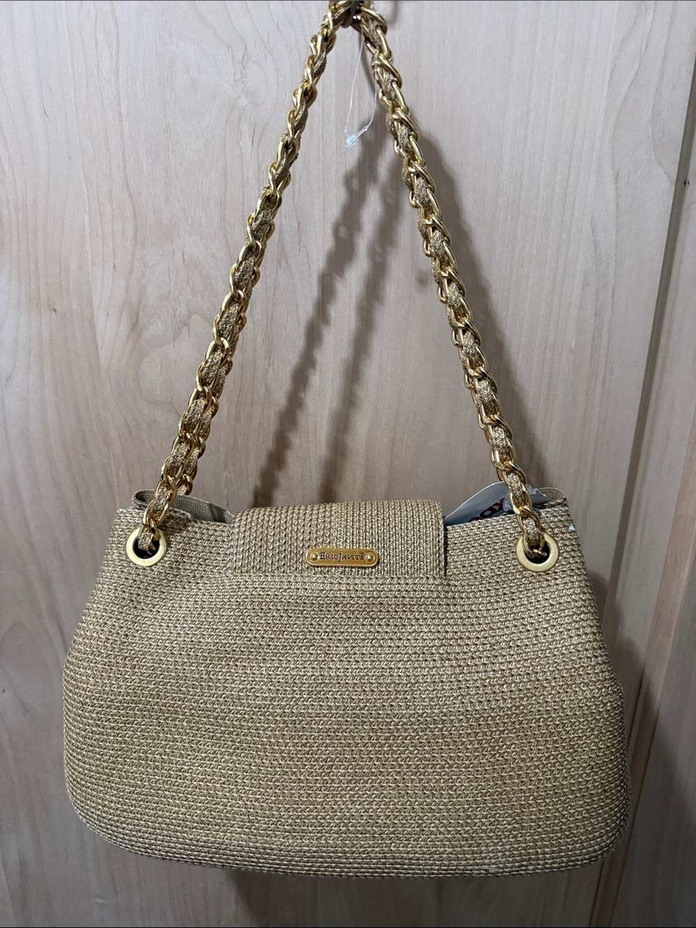 Eric Javits Gold Chain Straw Shoulder Bag in Natural